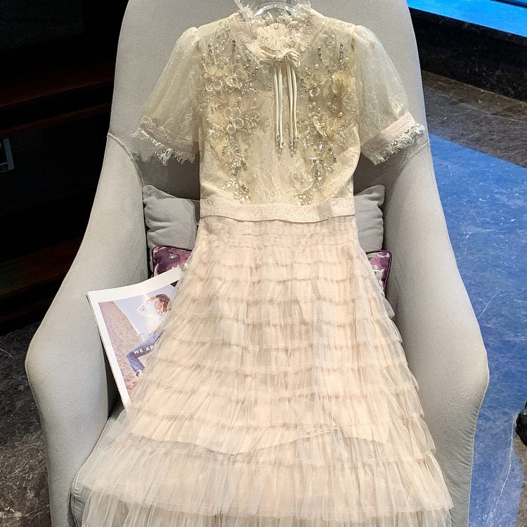 Lace Mesh A Line Dress Elegant High Collar Short Sleeve Slim Fit Summer Cocktail or Party Wear OEM Available