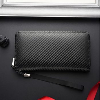 2026 New Men's Wallet, Long Style with Carbon Fiber Pattern, Business Clutch Bag with Zipper, Large Capacity and Multiple Card Slots