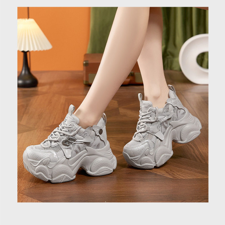 Giày sneaker nữ chunky đế dày lưới thoáng khí, gót siêu cao 8 cm — Xám, Trắng chi tiết 13
