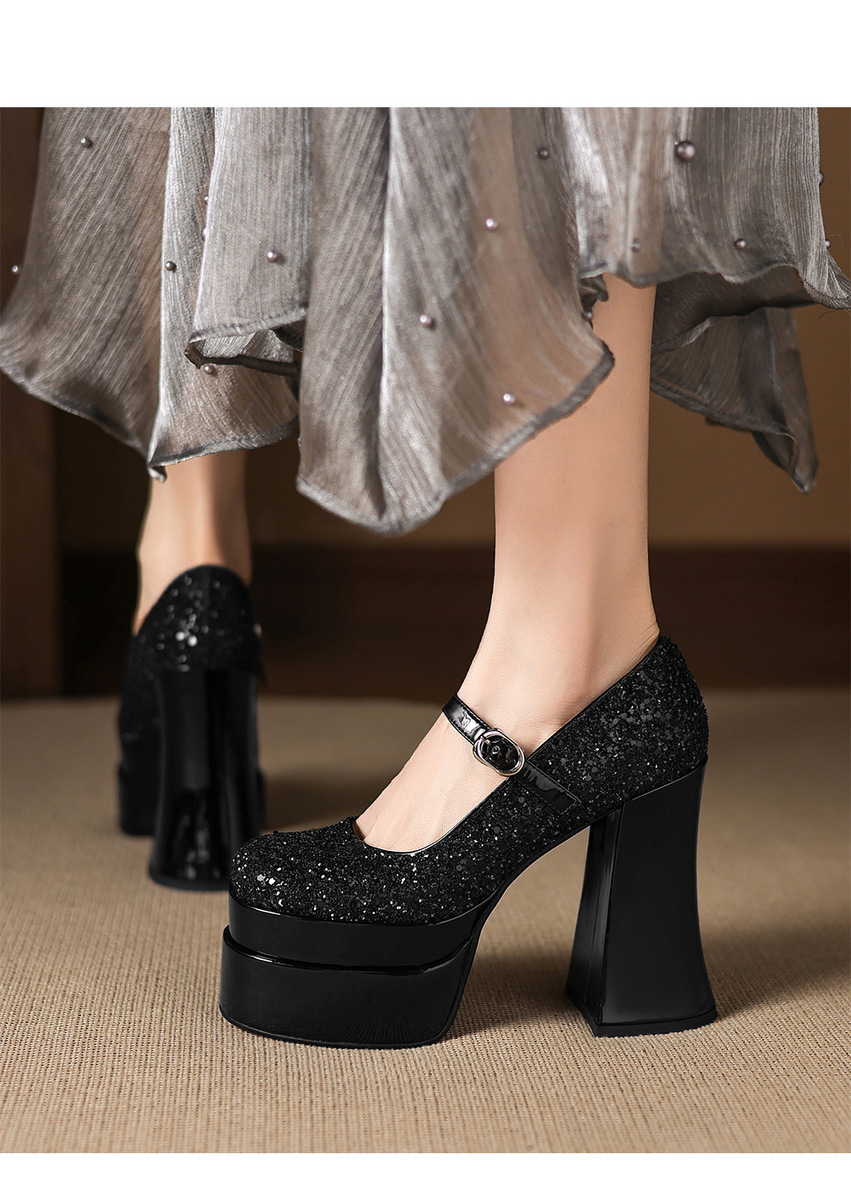 Giày cao gót mũi vuông đính sequin quai ngang đế xuồng — Màu đen, Màu sâm panh