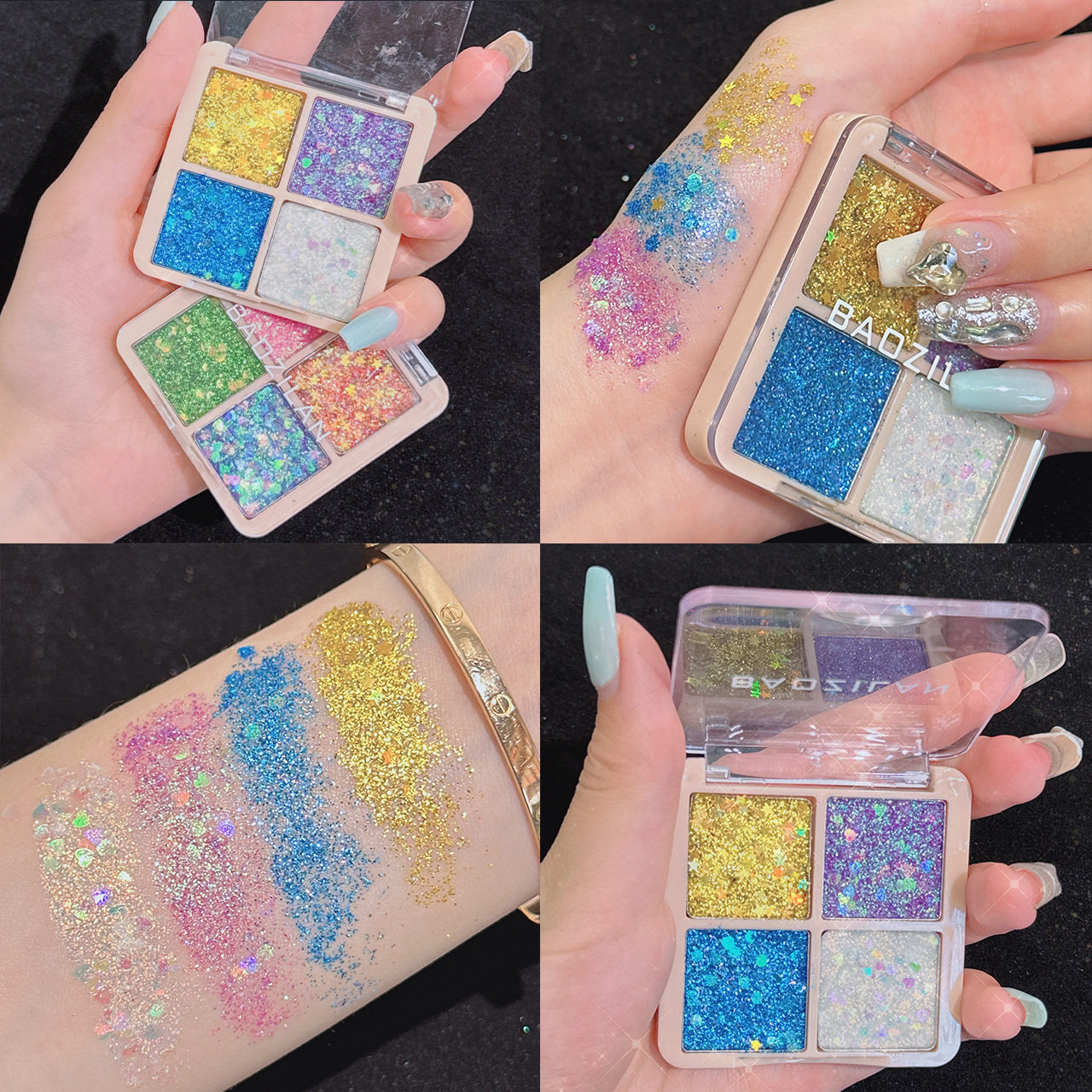 Baozilan Four-Color Sequin Eye Shadow Glitter Kidsren's Gel Stage Makeup Bling Glitter Eye Shadow Palette Cross-Border
