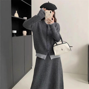 New 2025 Fake Two-Piece Cardigan Skirt Suit for Women Autumn Casual Lazy Style Slimming Look Two-Piece Suit for Women