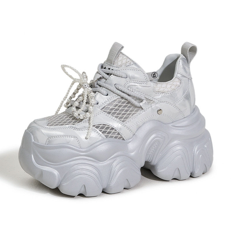 Giày sneaker nữ chunky đế dày thoáng khí mùa hè — Bạc, Trắng