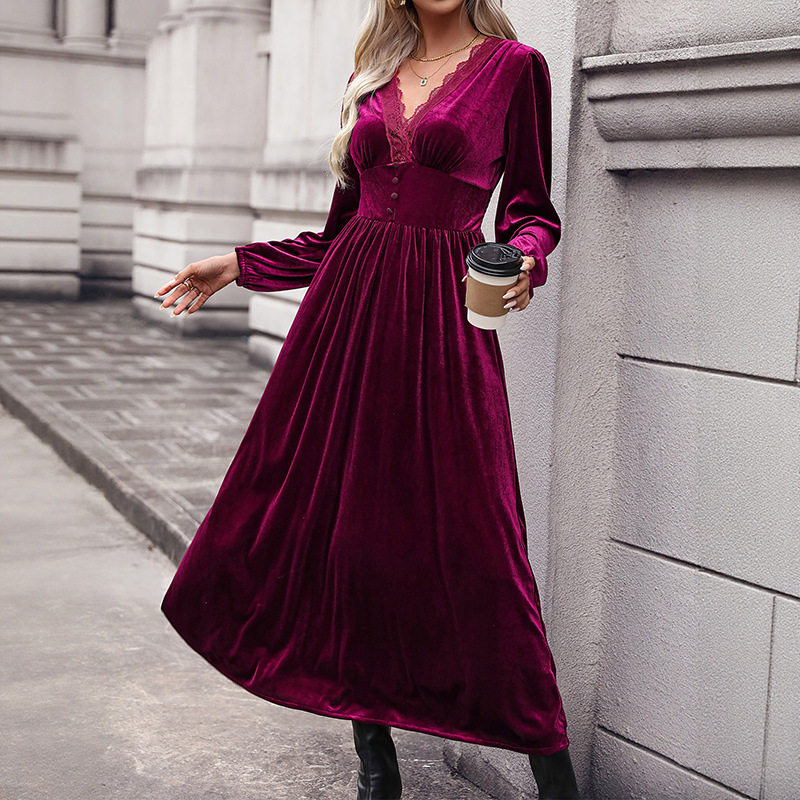 Velvet Long Sleeve Dress Solid Color Elegant Style Autumn Winter Wear Wholesale Available bulk order