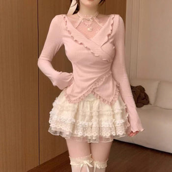 Pure Desire Sweet Suit Autumn Slimming Design Irregular Top + Lace Skirt Two-Piece Set for Women