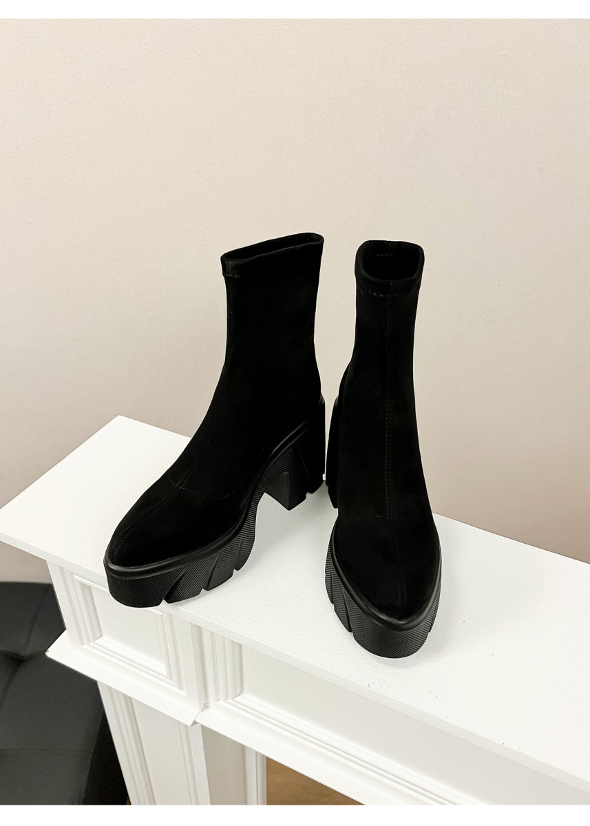 Boot nữ cổ thấp gót thô đế dày tăng chiều cao, chất liệu nhung mềm — Lớp lót đơn màu đen, Lớp lót đơn màu nâu, Lót nhung đen, Lót nhung màu nâu