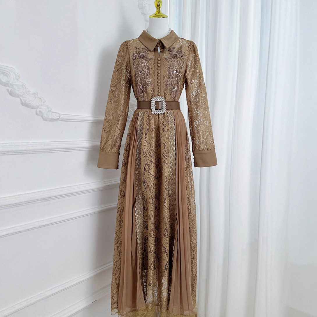 Elegant French Style Long Dress for Women High End Beaded Sequins Lace and Mesh Detailing Perfect for Formal