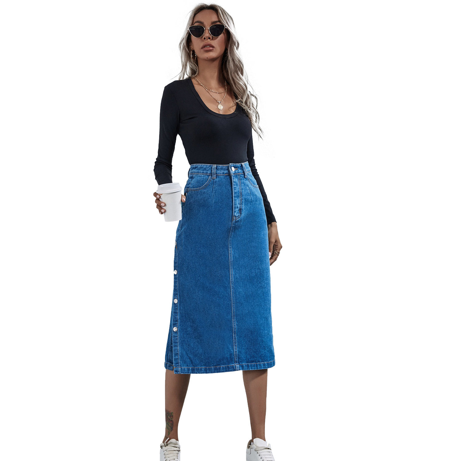 High Waisted Denim Skirt Button Detail Split Design Fashionable Style Casual Wear for Women Wholesale Available