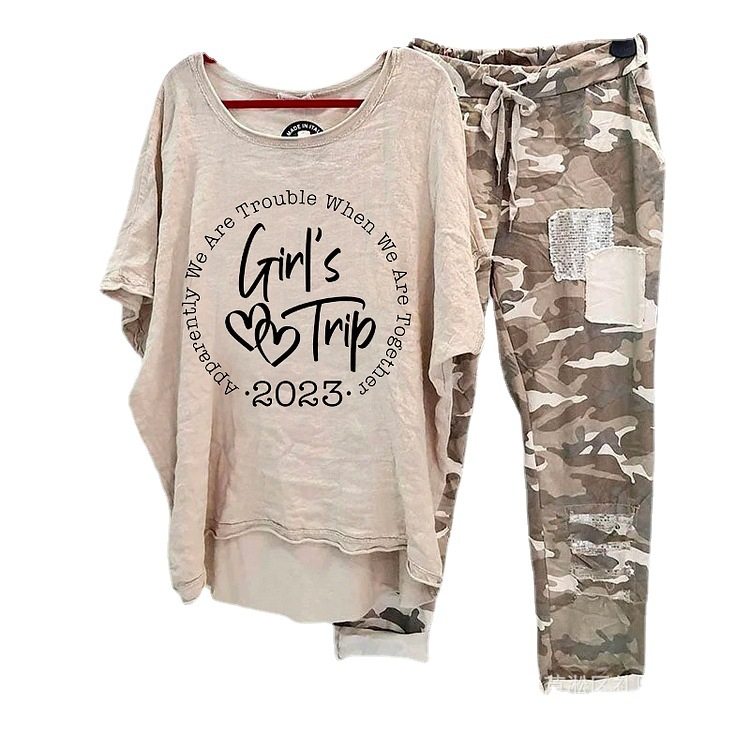 Cross-Border 2025 Spring and Summer Export New Casual Suit Women's Cotton and Linen Heat Transfer Amazon Top Printed Camouflage Sweatpants