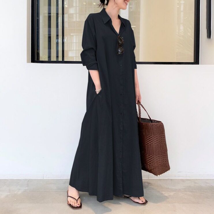 Cotton Linen Long Sleeve Shirt Dress Solid Color Pocket Design Loose Fit Casual Everyday Wear Ready to Ship