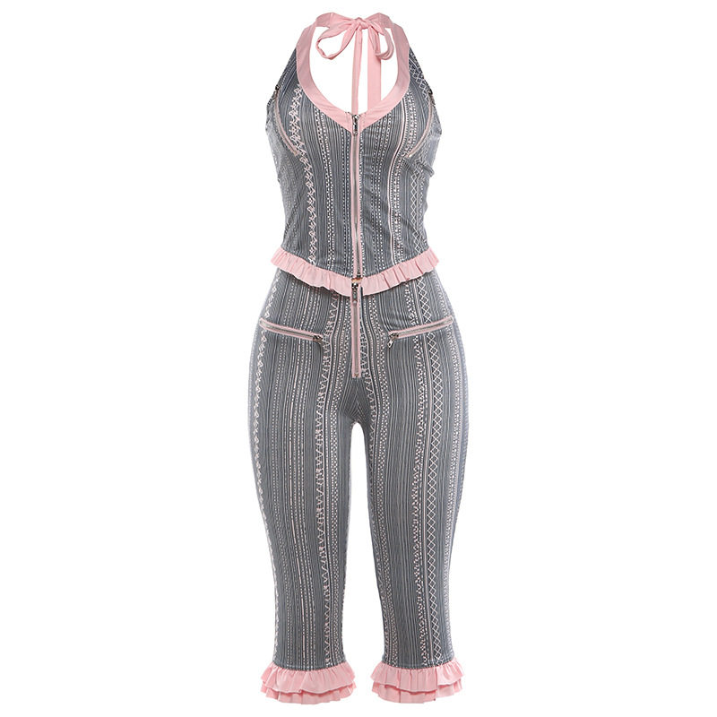 Summer Womens Outfit Set Unique Zipper Halter Neck Backless Top Ruffled Design Slim Fit 5 Point Pants Casual