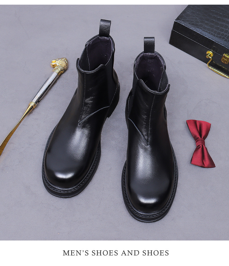 Giày boot Chelsea nam da bò thật cổ thấp đế dày phong cách công sở — đen
