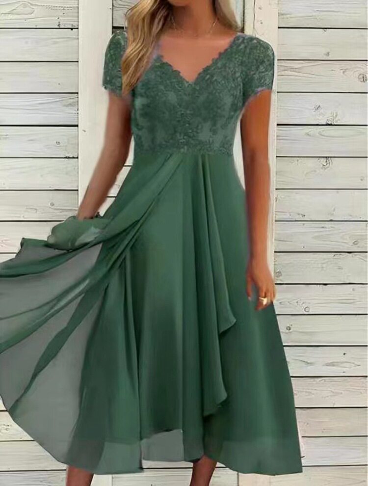 Chiffon Lace Long Dress for Women V Neck Elegant Evening Gown Available in Blue and Green Wholesale with Low MOQ