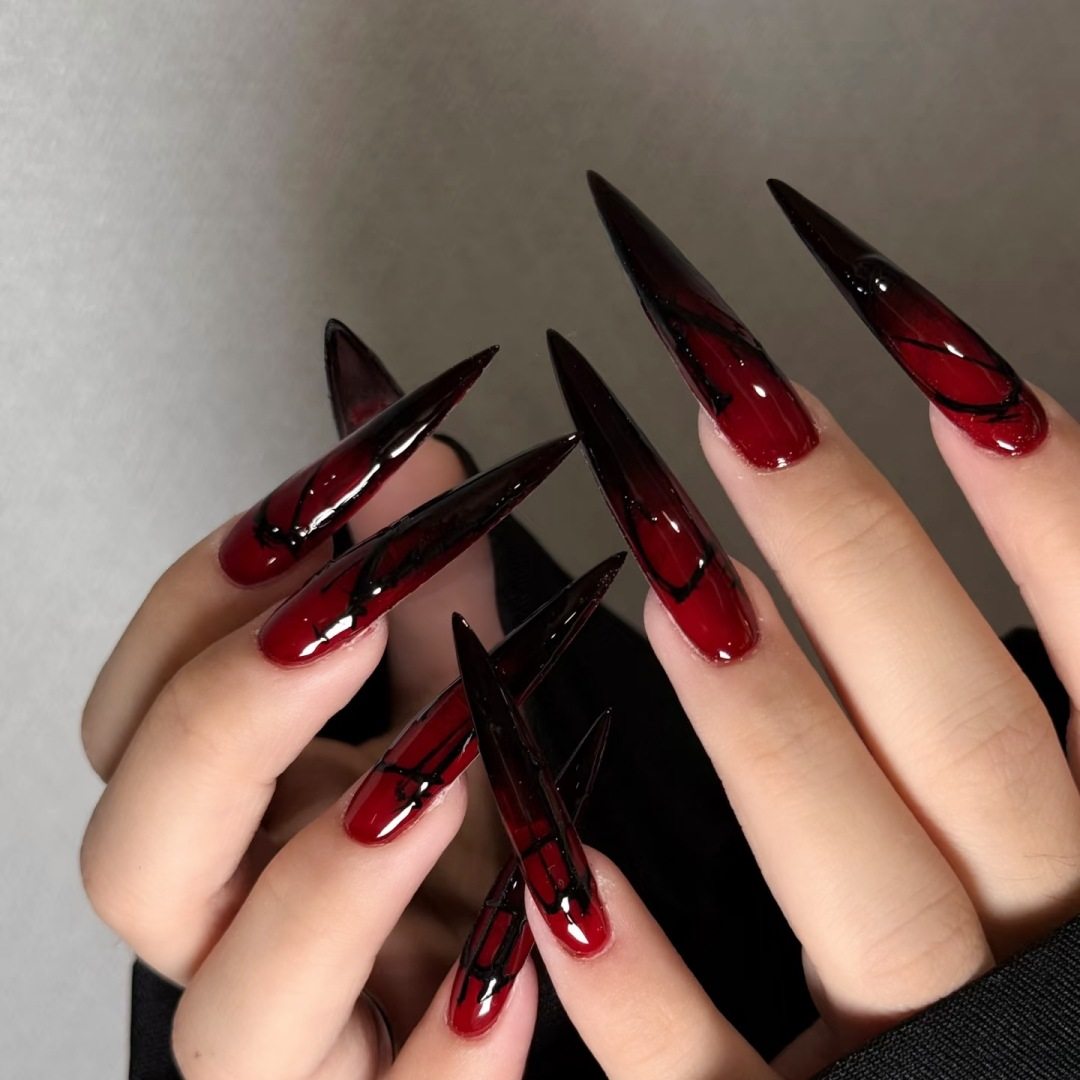 S379-Pre-Made Nail Polish Gothic Aesthetic Red and Black Gradient Wearable Nails Niche Mysterious Long Detachable Nails
