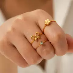 European and American 18K Gold-Plated Stainless Steel Bow Flower Open Ring Set Ins Style Zircon Ring for Women That Does Not Fade
