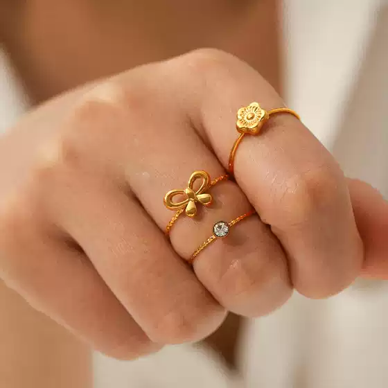 European and American 18K Gold-Plated Stainless Steel Bow Flower Open Ring Set Ins Style Zircon Ring for Women That Does Not Fade