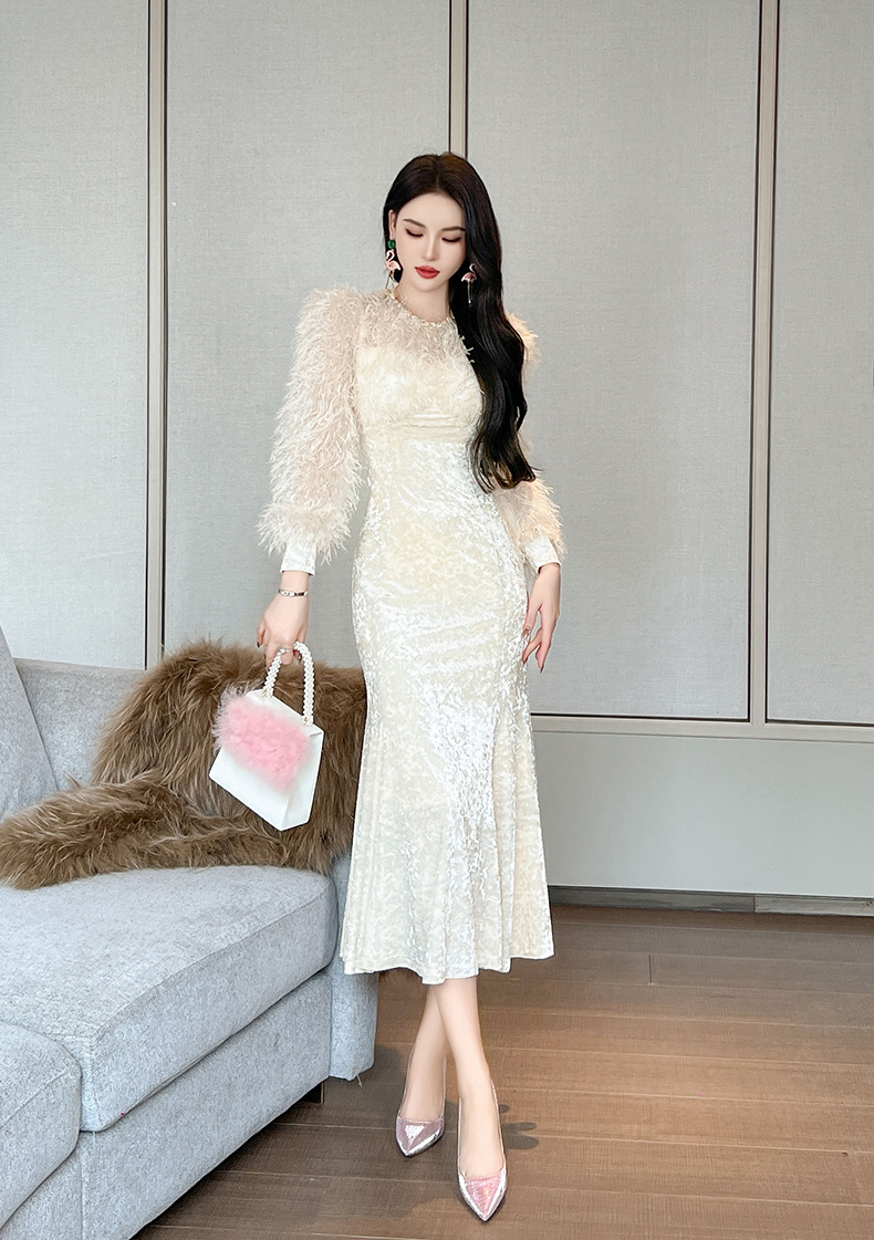 Đầm nữ dáng đuôi cá ôm eo tay phồng đính đá phối lông — Kem mơ, Hồng hoa hồng
