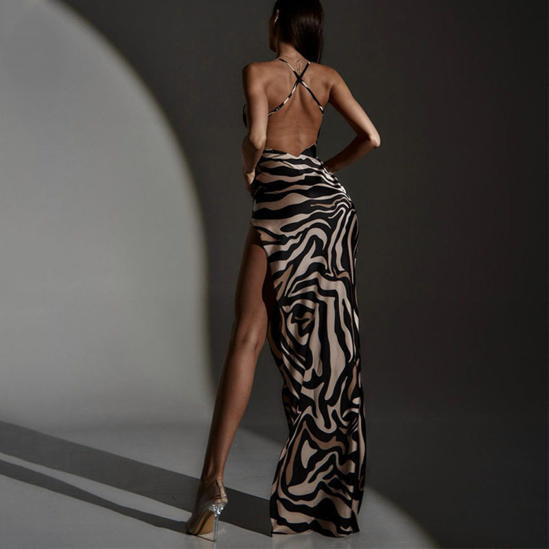 Summer Fashion Tiger Print Backless Mesh Spliced Maxi Dress High Slit Casual Beachwear Wholesale Available