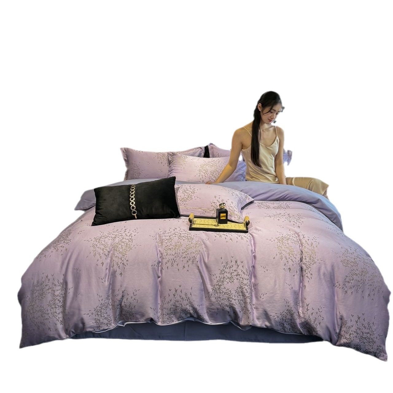 Export Italian Golden Branches and Jade Leaves Tencel Four-piece Set Tencel Naked Sleeping Four-piece Set Yarn-dyed Jacquard Spot Straight Hair