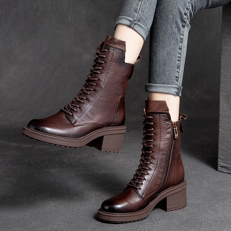 Mã D7483 Giá 2050K: Giày Boot Cổ Thấp Nữ Shntja Mũi Tròn Gót Vuông Hàng Xuân Thu Đông Giày Dép Nữ Chất Liệu Da Bò G05 Sản Phẩm Mới, (Miễn Phí Vận Chuyển Toàn Quốc).