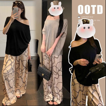 Summer New Pregnant Women Shoulder Loose All-match Pure Cotton T-shirt + Vintage Printing Loose Drawstring Pants suit