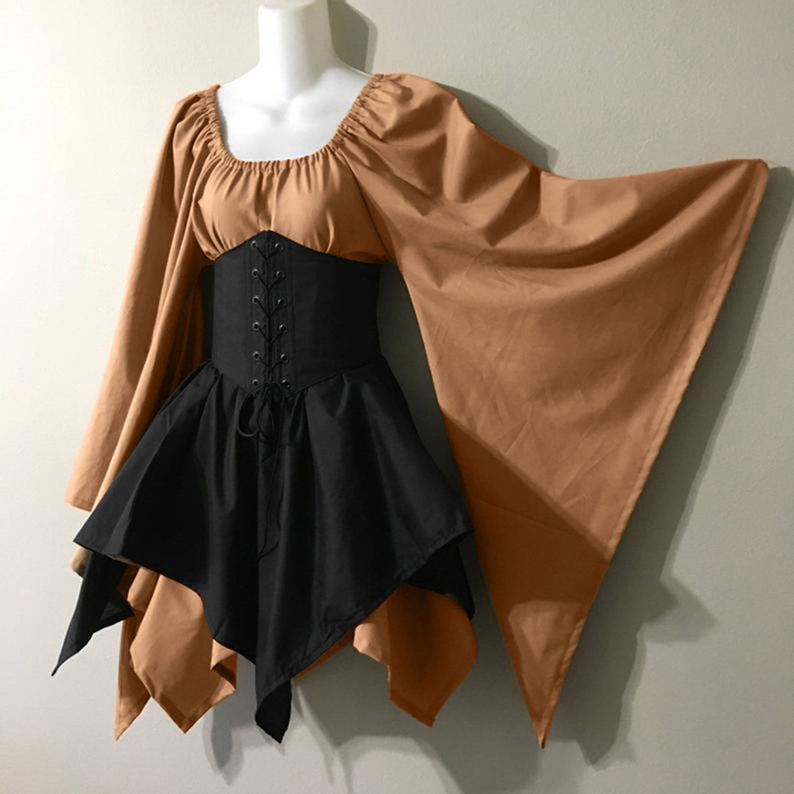 Renaissance Style Long Sleeve Dress Bell Sleeves Patchwork Design Elegant Fabric Perfect for Events and Gatherings