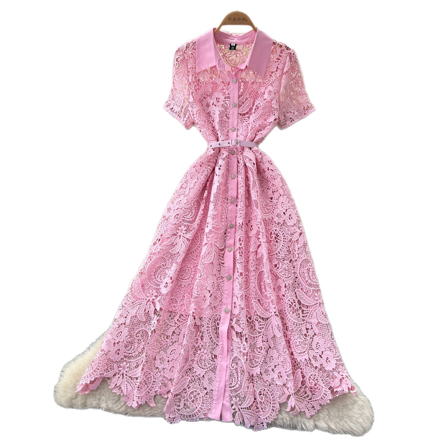 Pink Lace A Line Dress for Women Short Sleeve Collared Waist Defining Elegant Style Perfect for Parties and Special