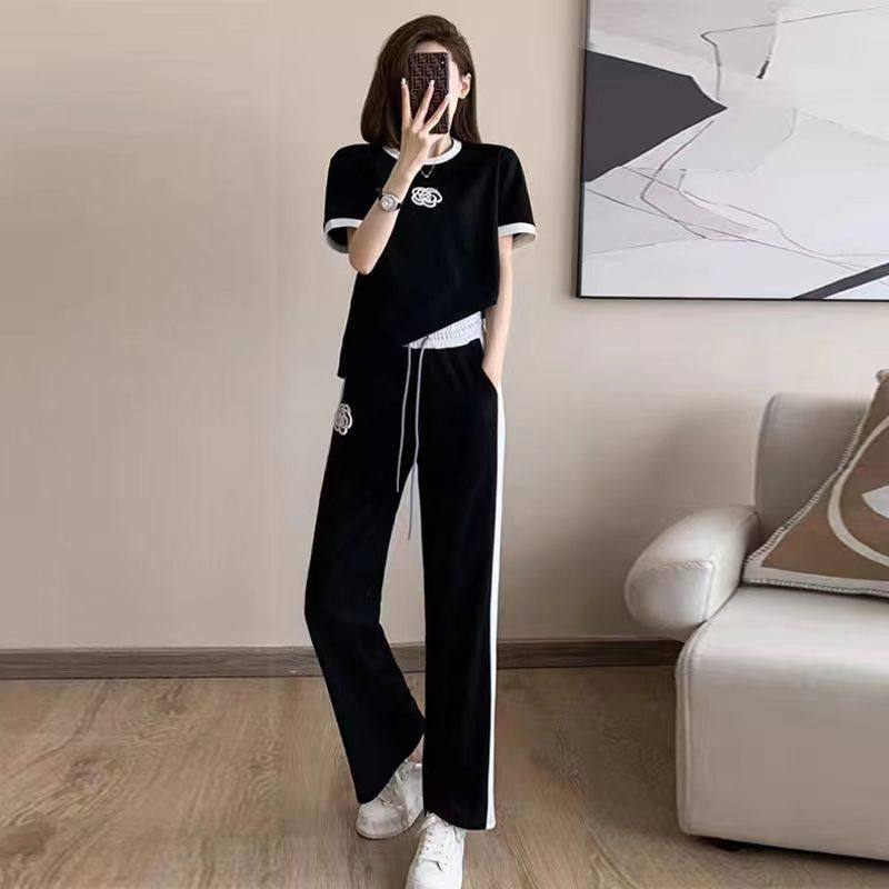 High-end Casual Sports suit Women's Summer Fashionable Age-reducing Western-style Short-sleeved T-shirt Wide-leg Pants Fashionable Two-piece Set