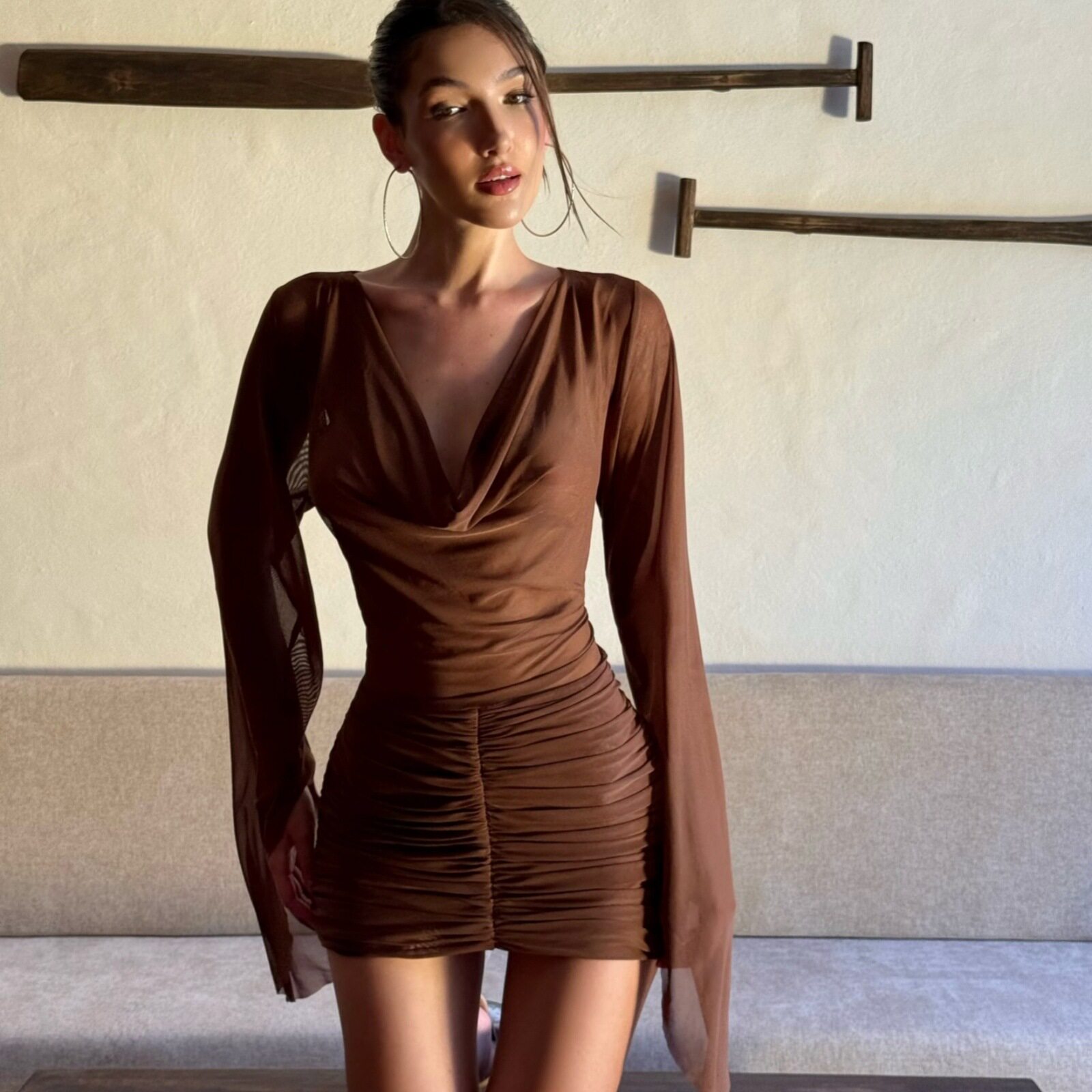 Womens Bodycon Dress Sexy Off Shoulder Mesh Panel Ruched Design Long Sleeve Autumn Fashion Wholesale Available