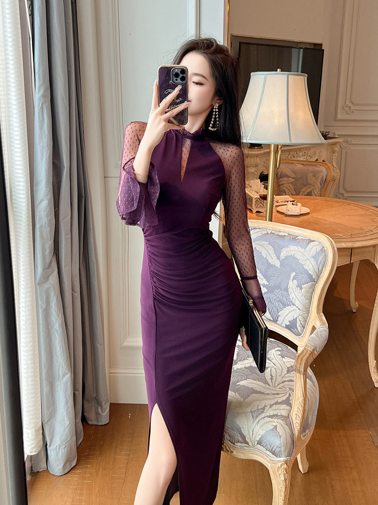 Đầm ôm body nữ tay dài cổ đứng xẻ tà phong cách Pháp — Màu tím mâm xôi
