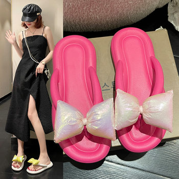 Bow Flip-Flops Women's Summer Outwear 2024 Spring Flat Comfortable Seaside Beach Non-Slip Sandals