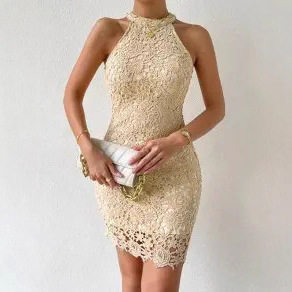 Sleeveless Lace Trim Dress Slim Fit Solid Color Elegant Design Perfect for Autumn Events Wholesale Available