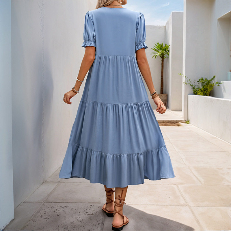 Summer A Line Midi Dress Solid Color Stand Collar Short Sleeve Casual Wear for Women Wholesale Available
