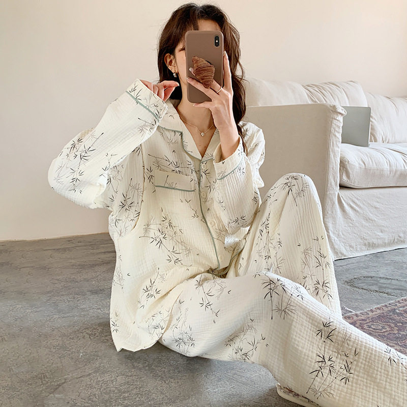 Pure Cotton Gauze Moon Clothing Spring and Summer Thin Long Sleeve Large Size Pregnant Women's Nursing Pajamas Autumn and Postpartum Nursing Home Clothing