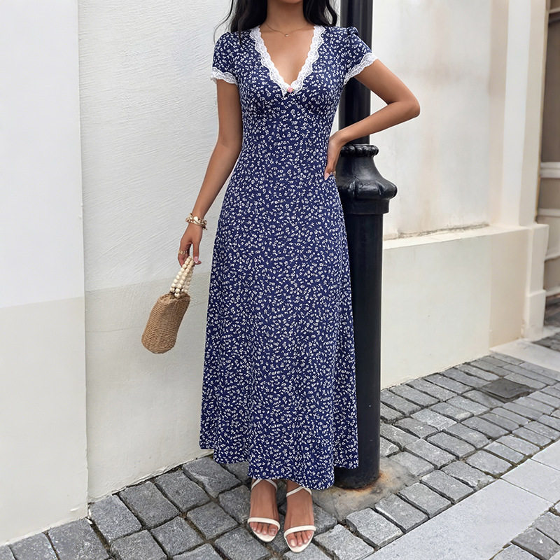 Floral Print Lace Trimmed V Neck Short Sleeve Dress Sweet Vacation Style Ideal for Summer Events Wholesale Available