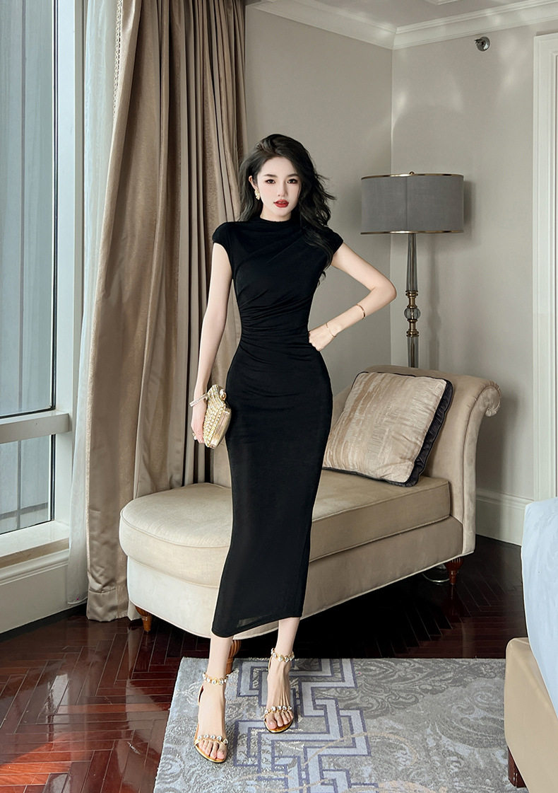 Đầm ôm body nữ dáng dài, cổ đứng, tay không, eo cao, phong cách châu Âu — [Đen], [Tím cỏ lộc đài] chi tiết 20