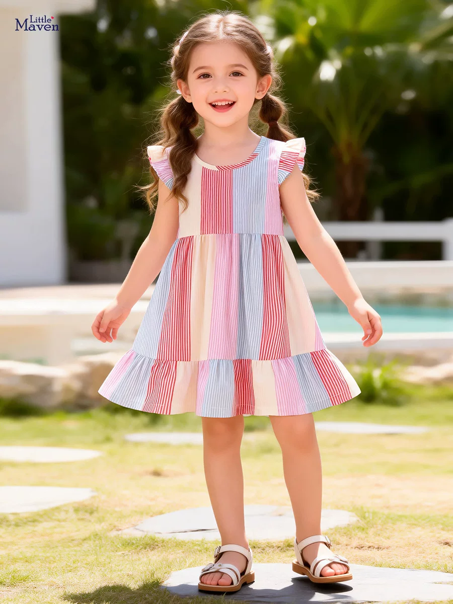 Girls' Summer Short-Sleeve Bow Striped Dress, Style Baby Dress
