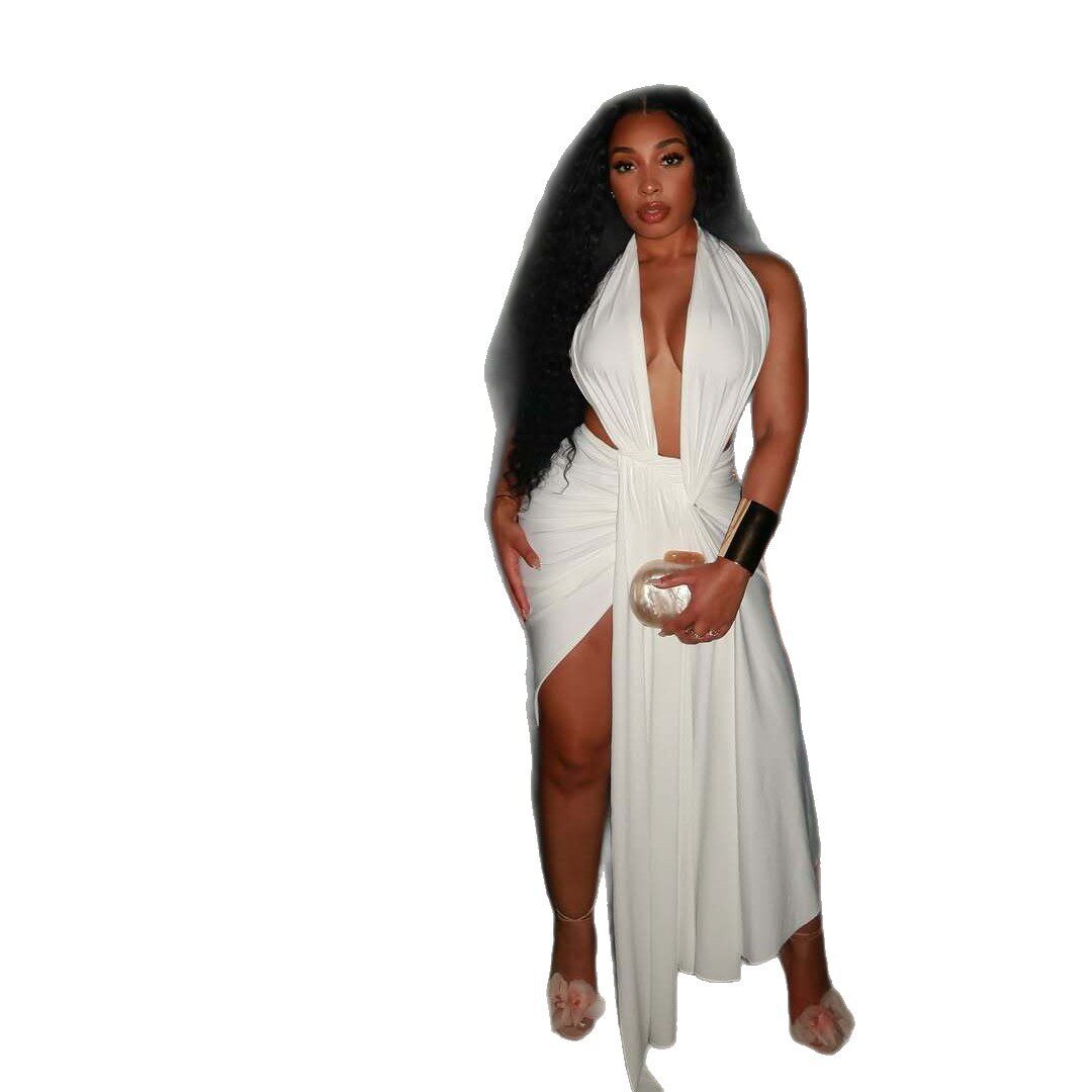 欧美风ins跨境女装修身纯色绑带包臀裙性感挂脖V字领裹胸连衣裙潮