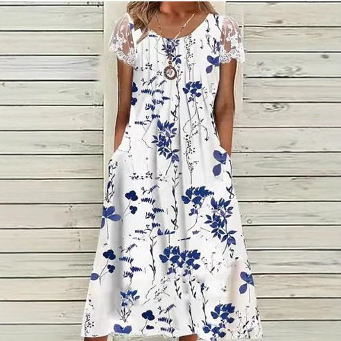 Womens Floral Print A Line Midi Dress Casual Summer Style Available in White Wholesale Sizes S to 3XL