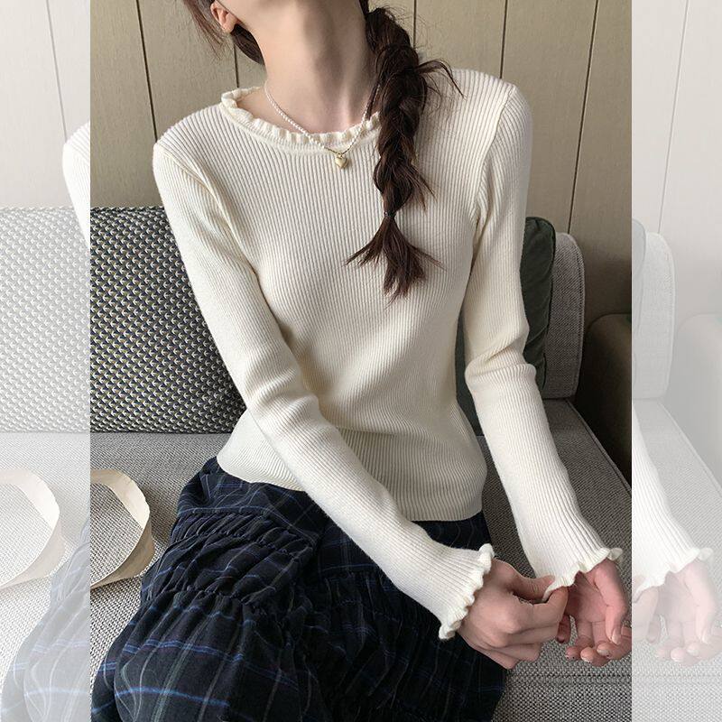 高级感超好看的针织衫女2025新款初秋木耳边内搭打底圆领毛衣上衣