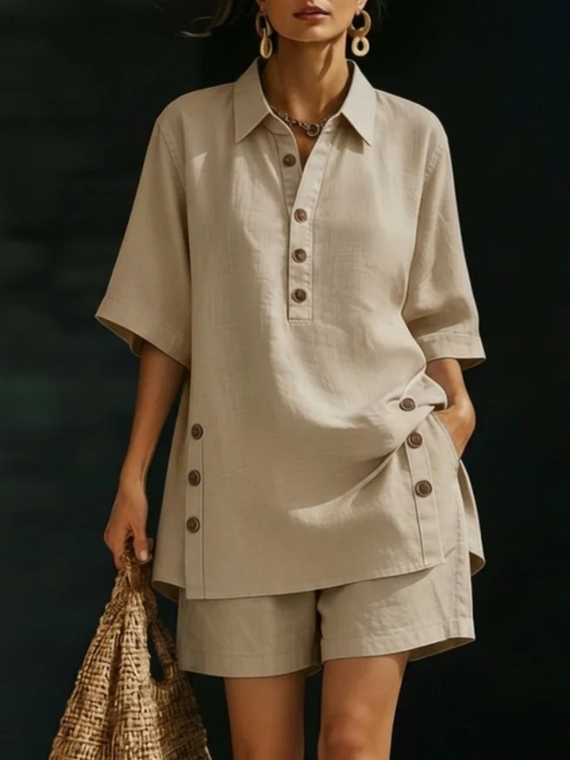 Womens Two Piece Set Short Sleeve Button Up Shirt Loose Fit Pants Solid Color Spring Summer Casual Wear Wholesale