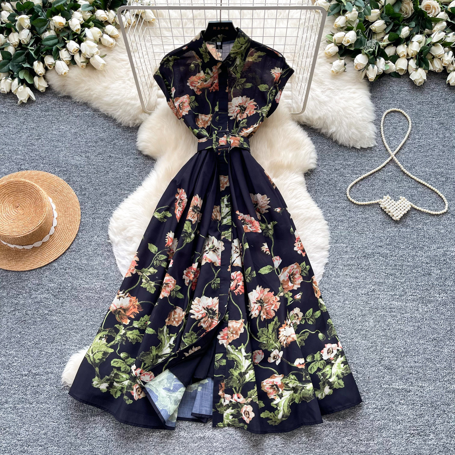 Elegant Floral Print Sleeveless Dress Slim Fit Waist Belt Lightweight Fabric Summer Casual Wear for Women Wholesale