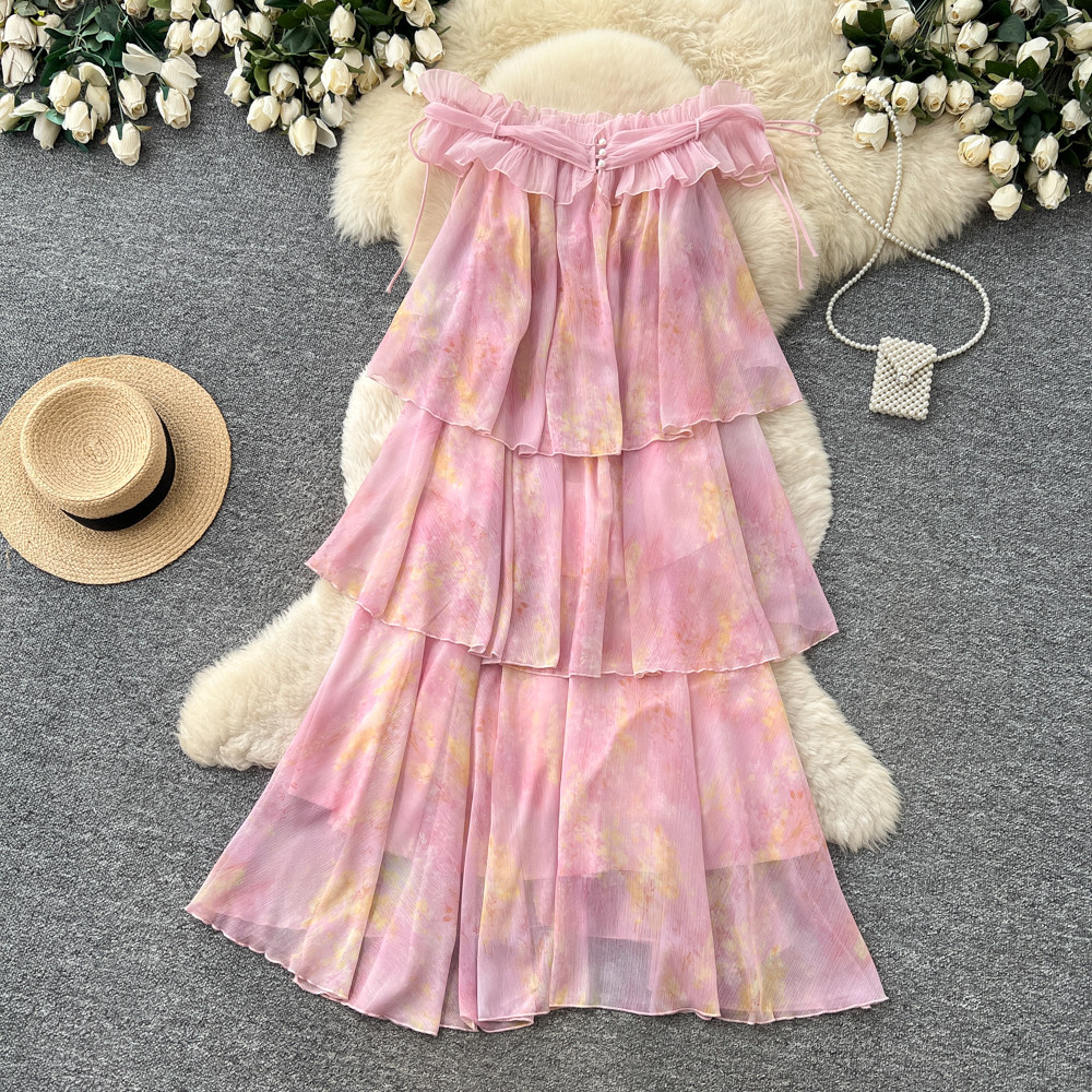 French Vacation Style Pink Ruffle Hem A Line Dress Sleeveless Off Shoulder Elegant Design Perfect for Summer Events