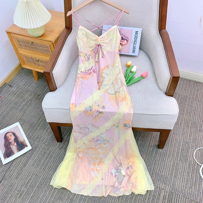 Đầm dây hoa in lãng mạn phối ren đuôi cá nữ — Màu hồng vàng phiên bản thông thường, Màu xanh vàng phiên bản thông thường