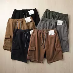Japanese retro! Summer men's cotton twill gauze card tooling multi-pocket drawstring black loose half shorts