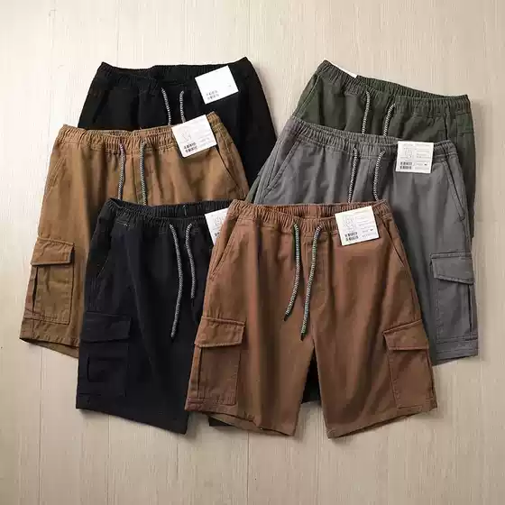 Japanese retro! Summer men's cotton twill gauze card tooling multi-pocket drawstring black loose half shorts