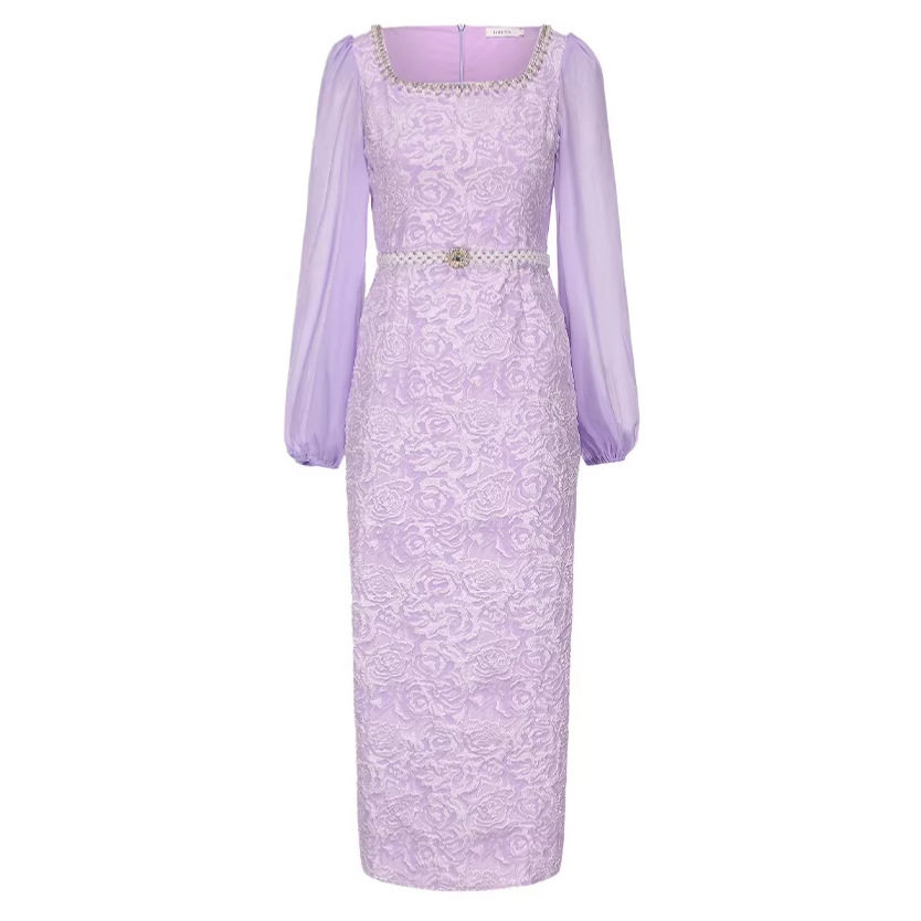 Elegant Purple Lace Dress with Puff Sleeves Rhinestone Detail Slim Fit Midi Length Perfect for Formal Occasions