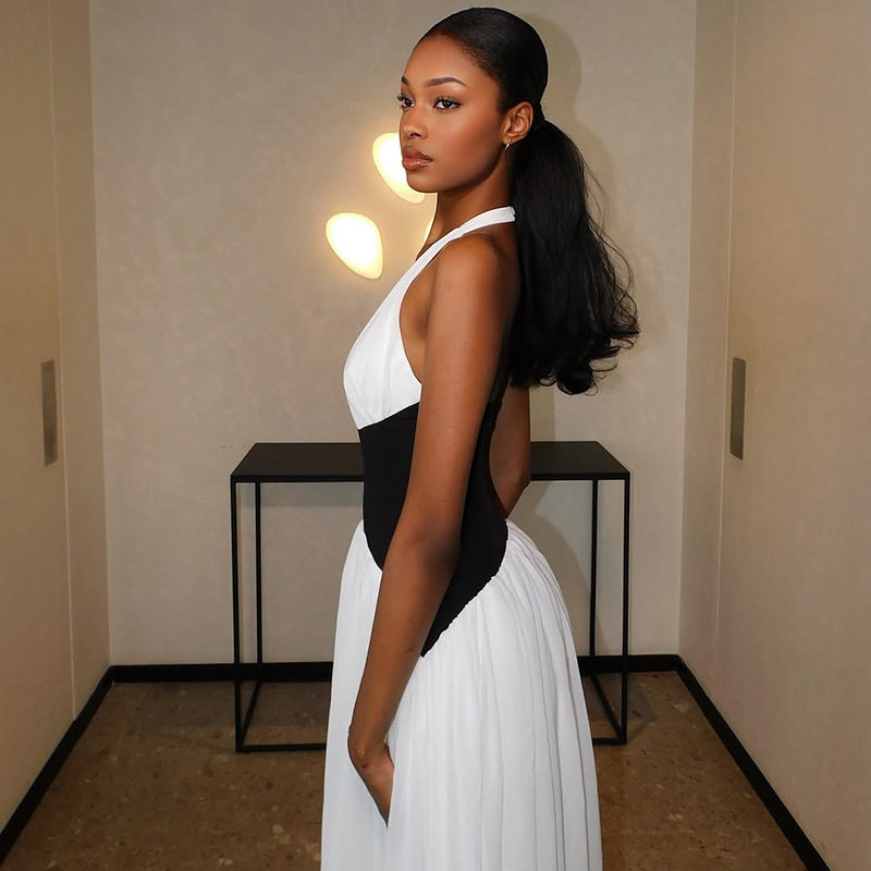 A Line Dress Ruched Color Block Deep V Neck Backless Elegant Evening Wear Wholesale Available