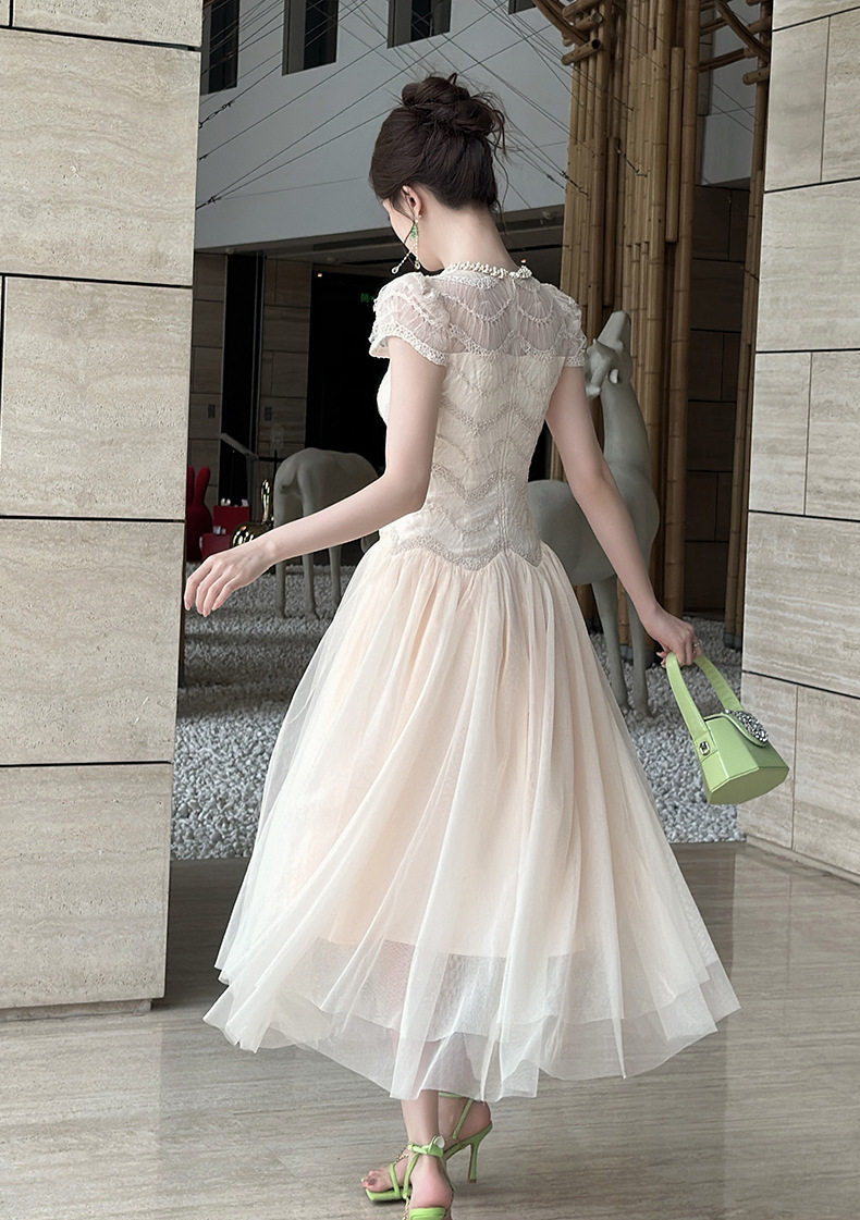 Đầm nữ ren lưới phối eo giả hai lớp xòe bồng tay ngắn — [Màu hồng đào] chi tiết 7