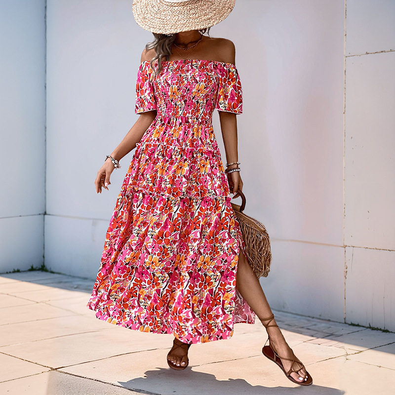 Bohemian Floral Print Dress Off Shoulder Puff Sleeves Elegant Design Perfect for Summer Events Wholesale Available